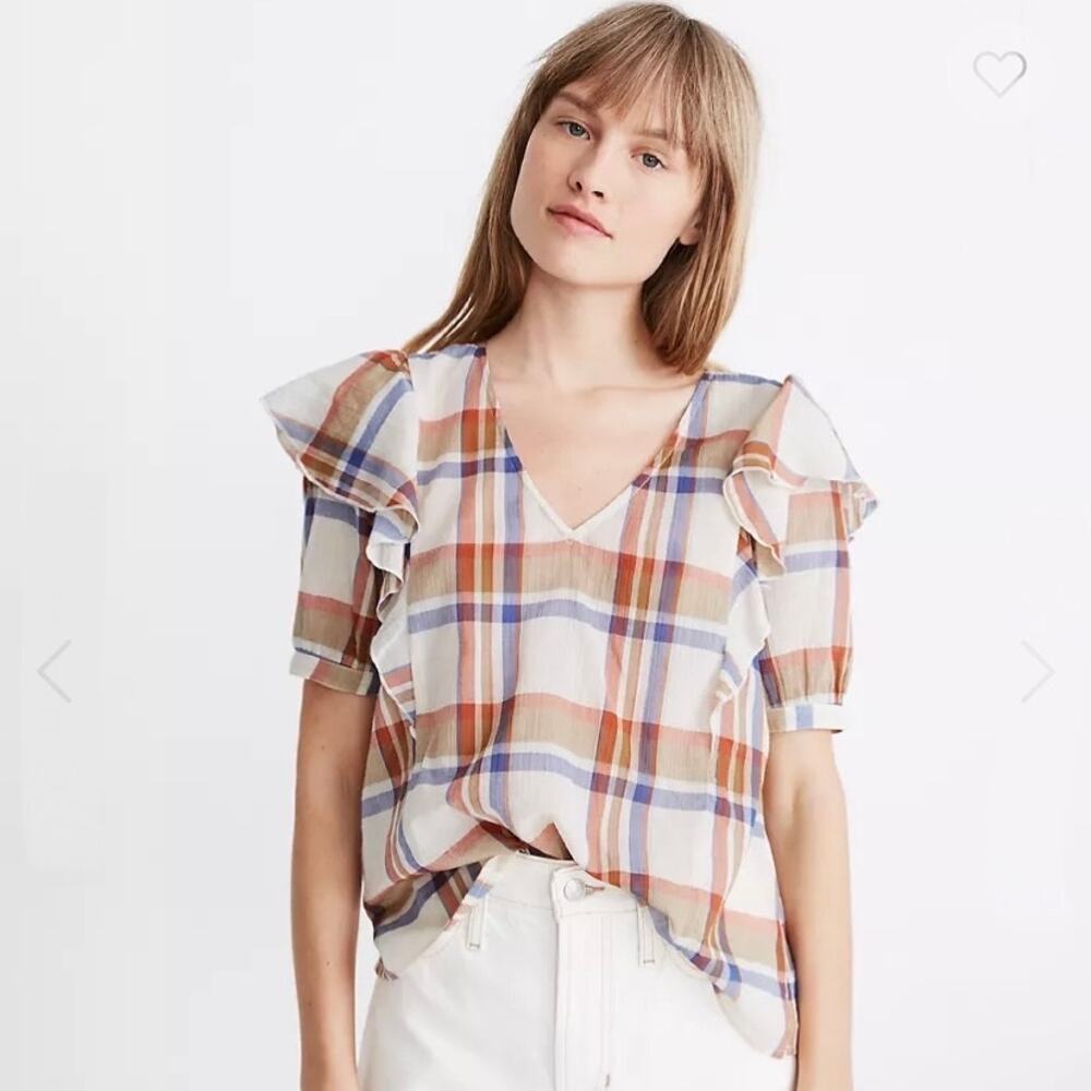 Madewell V-Neck Shoulder-Ruffle Top in Plaid
